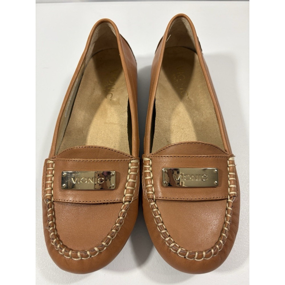 Vionic Sydney Tan Leather Driving Loafers Orthotic Support Flat Shoes Size W6